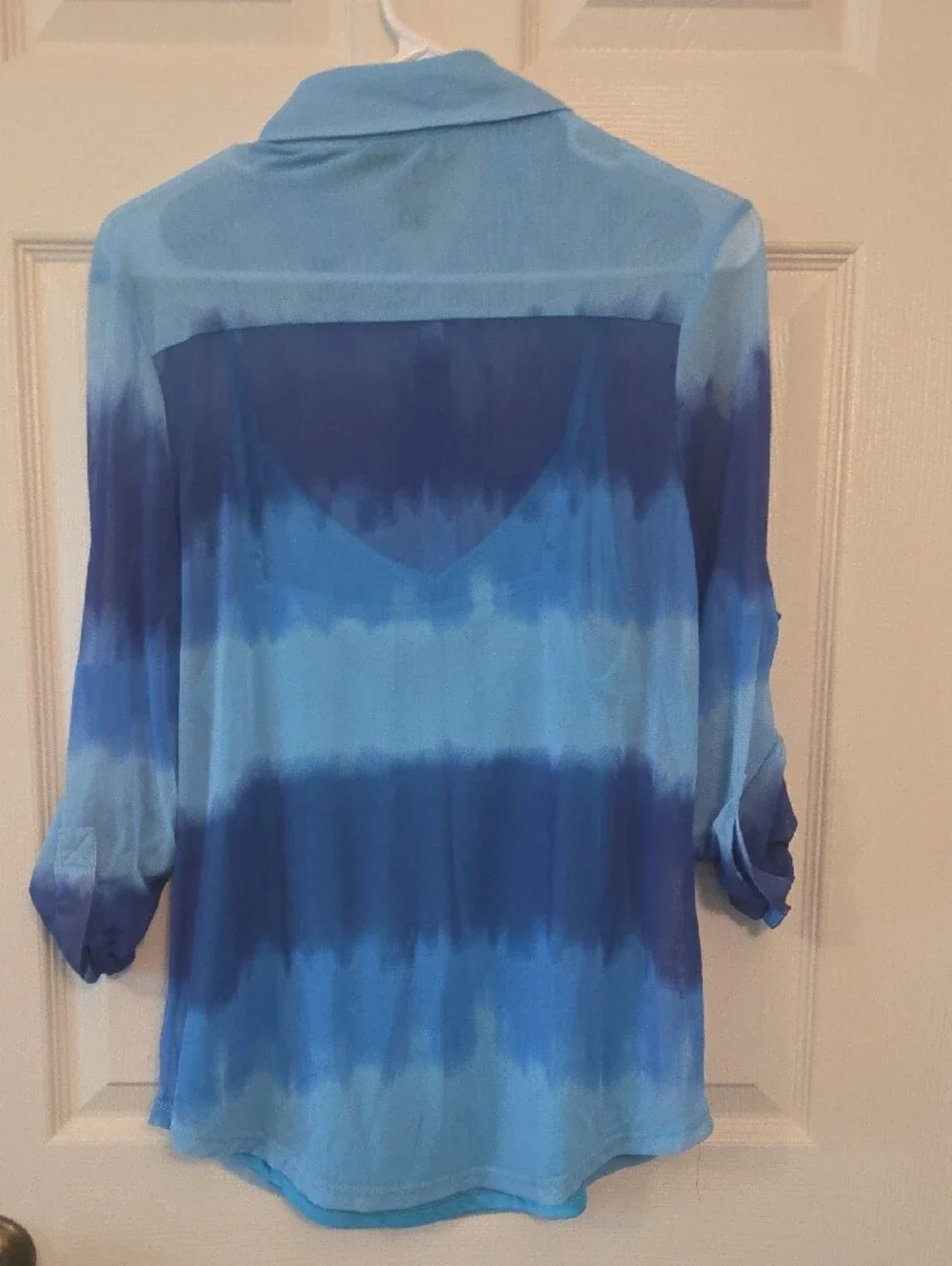 INC International Concepts Blue Ombre Button-Front Roll-Sleeve Blouse Size Large